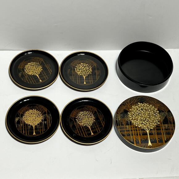 Hand Crafted Otagiri Vtg  Japan Coaster lacquer Set Of 4 & container Asian pics - Picture 11 of 12